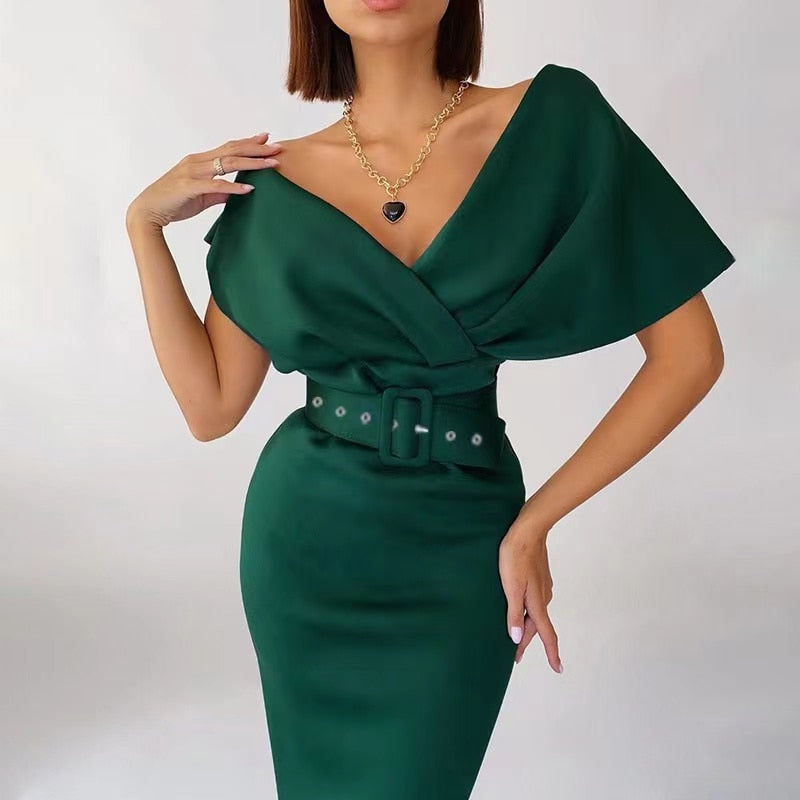 Women's Off-Shoulder Bodycon Midi Dress – Belted Sculpted Fit