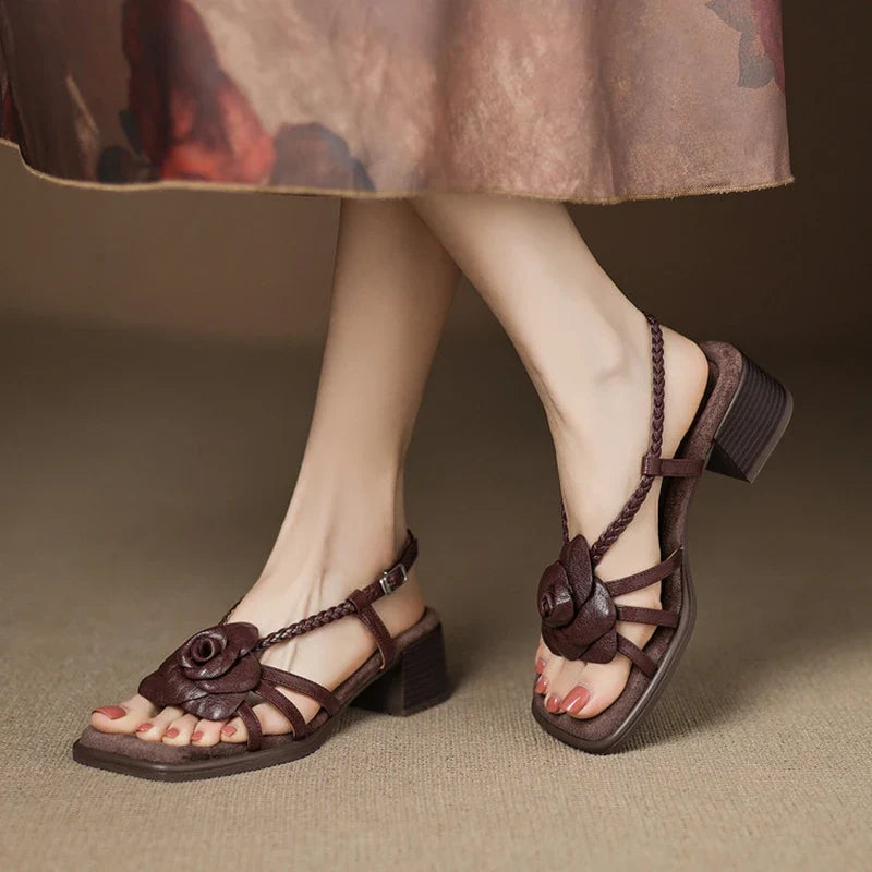 Women's Heeled Sandals – Square Toe Chunky Leather Floral Detail