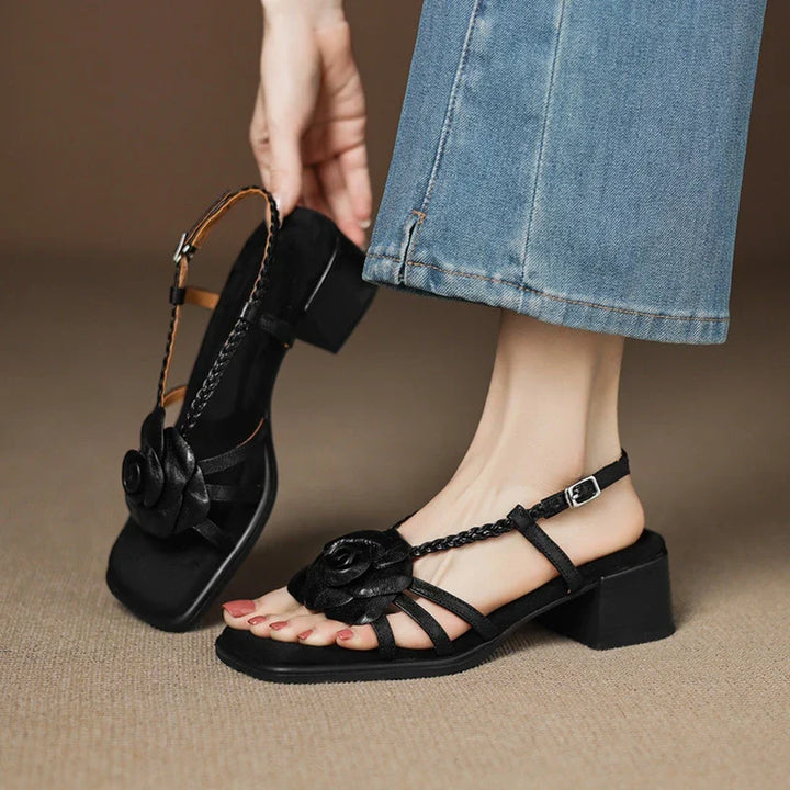 Women's Heeled Sandals – Square Toe Chunky Leather Floral Detail