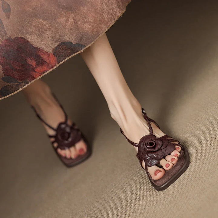 Women's Heeled Sandals – Square Toe Chunky Leather Floral Detail