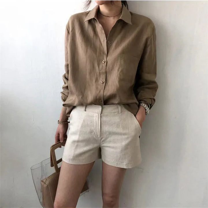 Women's Soft Linen Blend Open Collar Shirt – Relaxed Oversized Fit