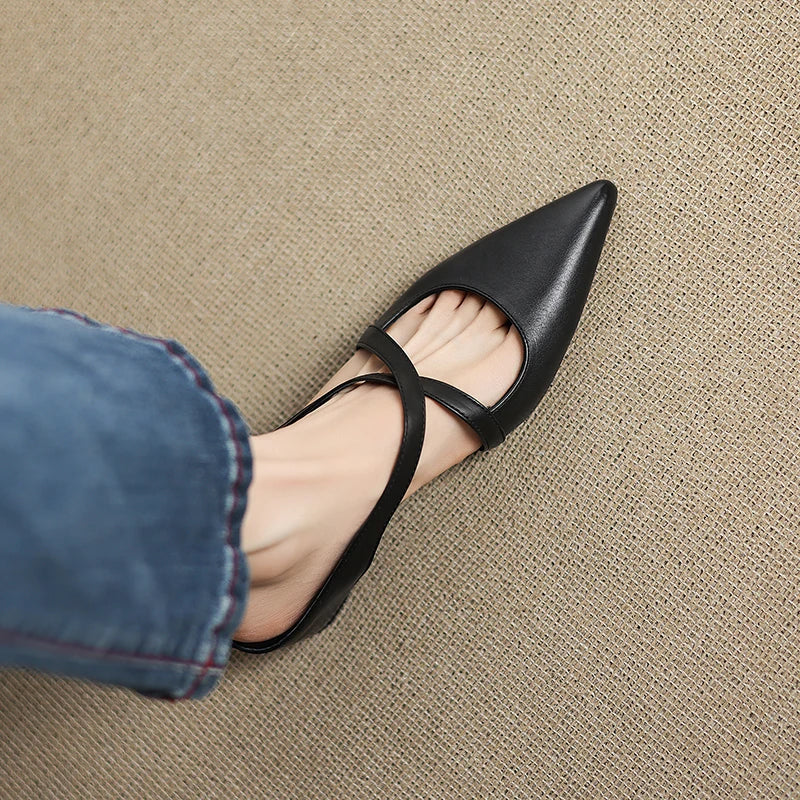 Women's Genuine Leather Cross-Strap Pointed Toe Mules – Low Wedge