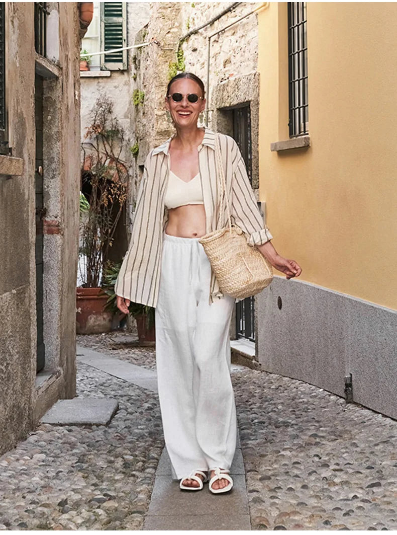 Women's Linen Wide Leg Pants – Low-Rise Elastic Drawstring Waist