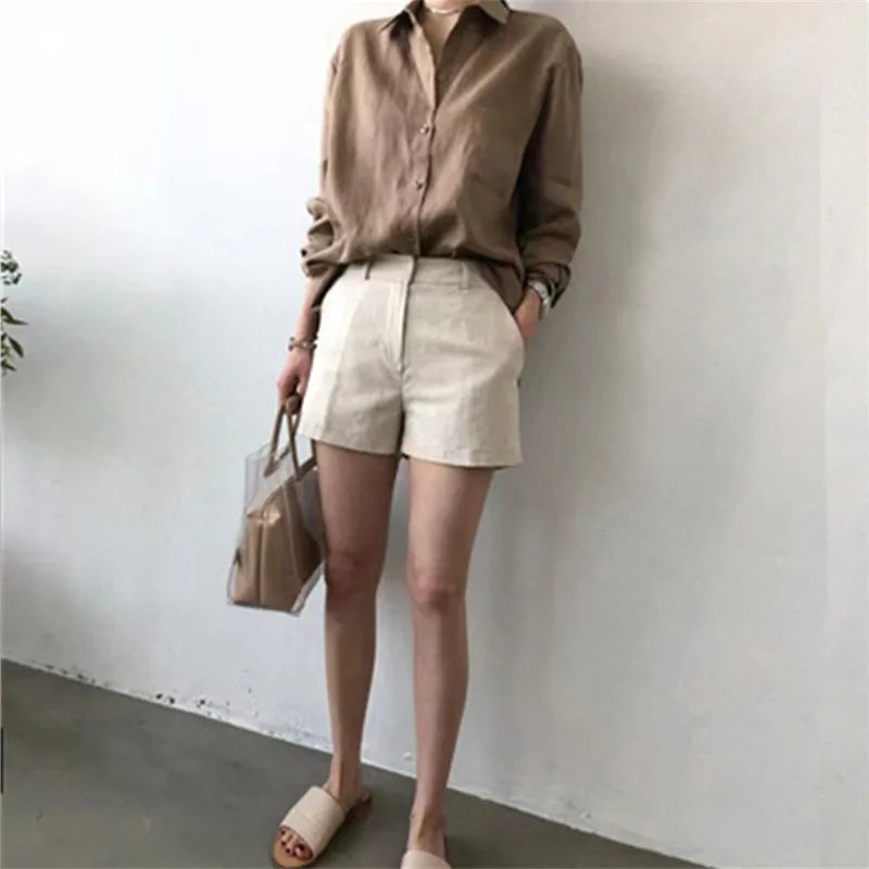 Women's Soft Linen Blend Open Collar Shirt – Relaxed Oversized Fit