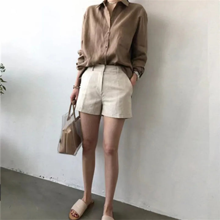 Women's Soft Linen Blend Open Collar Shirt – Relaxed Oversized Fit