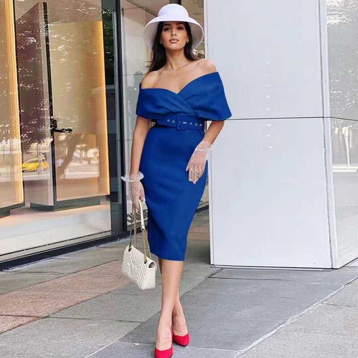 Women's Off-Shoulder Bodycon Midi Dress – Belted Sculpted Fit