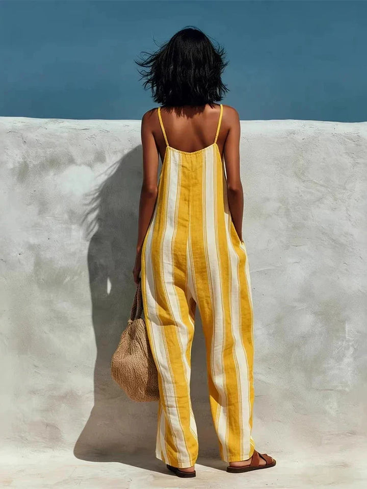 Women's Striped Halter Wide Leg Jumpsuit – Sleeveless High Waist