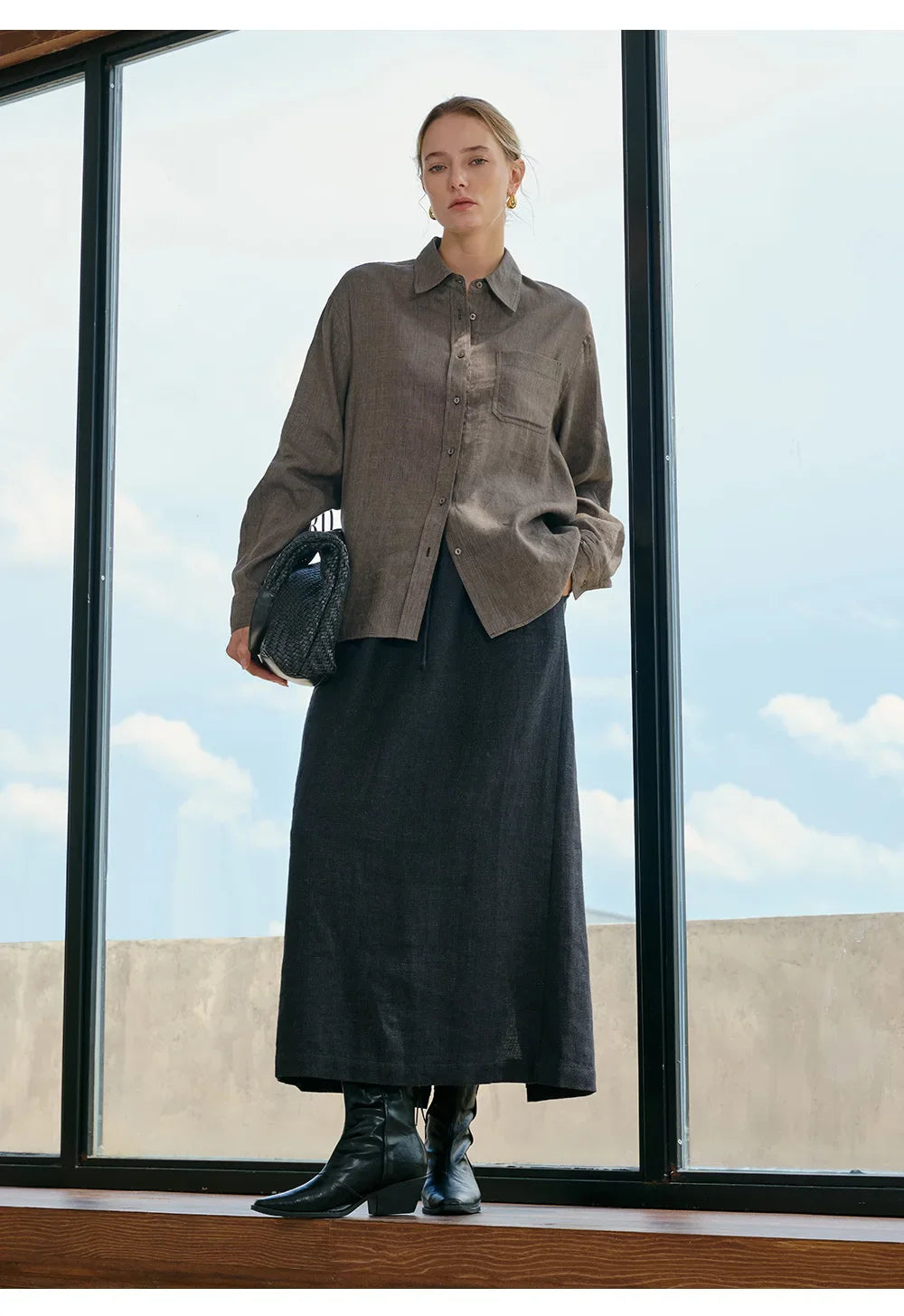 Women's Lyocell-Linen Blend Oversized Longline Shirt – Classic Collar