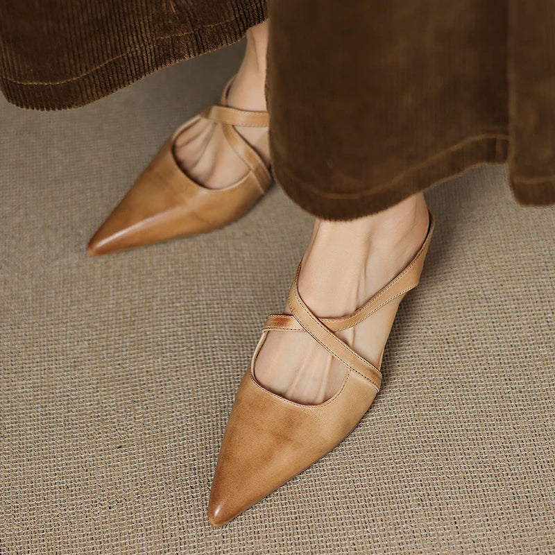 Women's Genuine Leather Cross-Strap Pointed Toe Mules – Low Wedge
