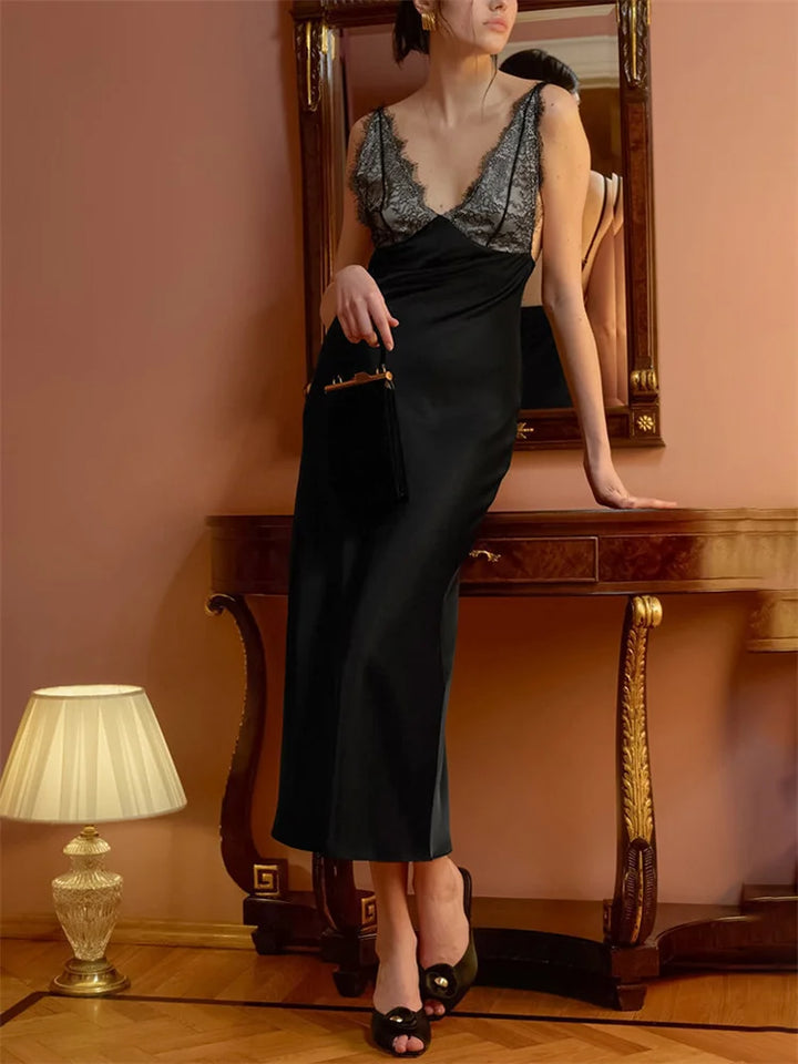 Satin Slip Maxi Dress – V-Neck Lace Trim & Adjustable Straps