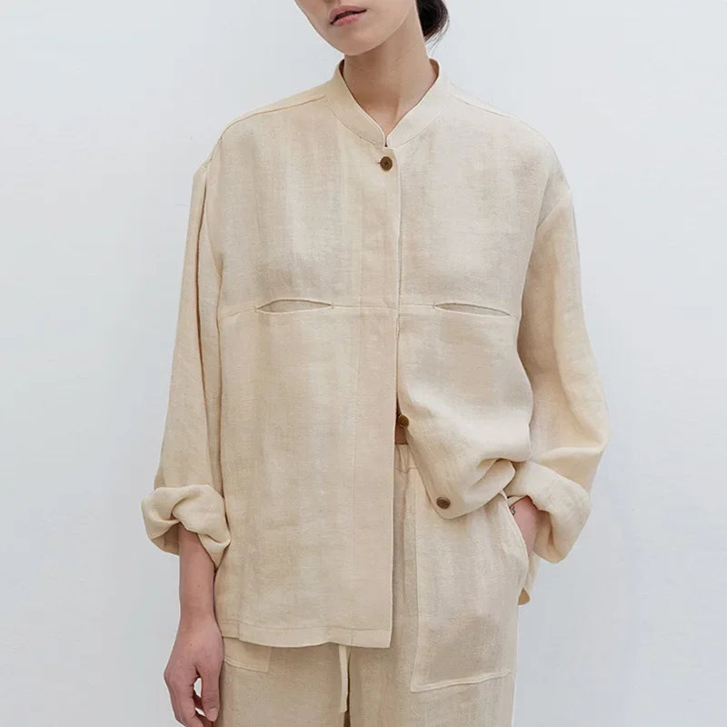 Women's Linen Longline Jacket Stand Collar – Horn Buttons