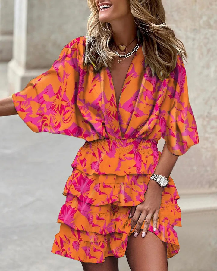 Women's Boho Printed Ruffle Mini Dress V-Neck – Tiered Summer