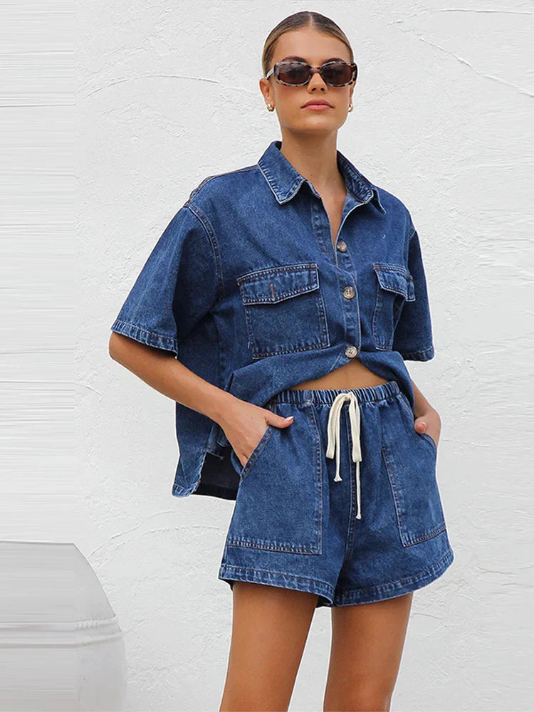 Women's Cotton Denim Two-Piece Set – Button-Down Top Drawstring Shorts