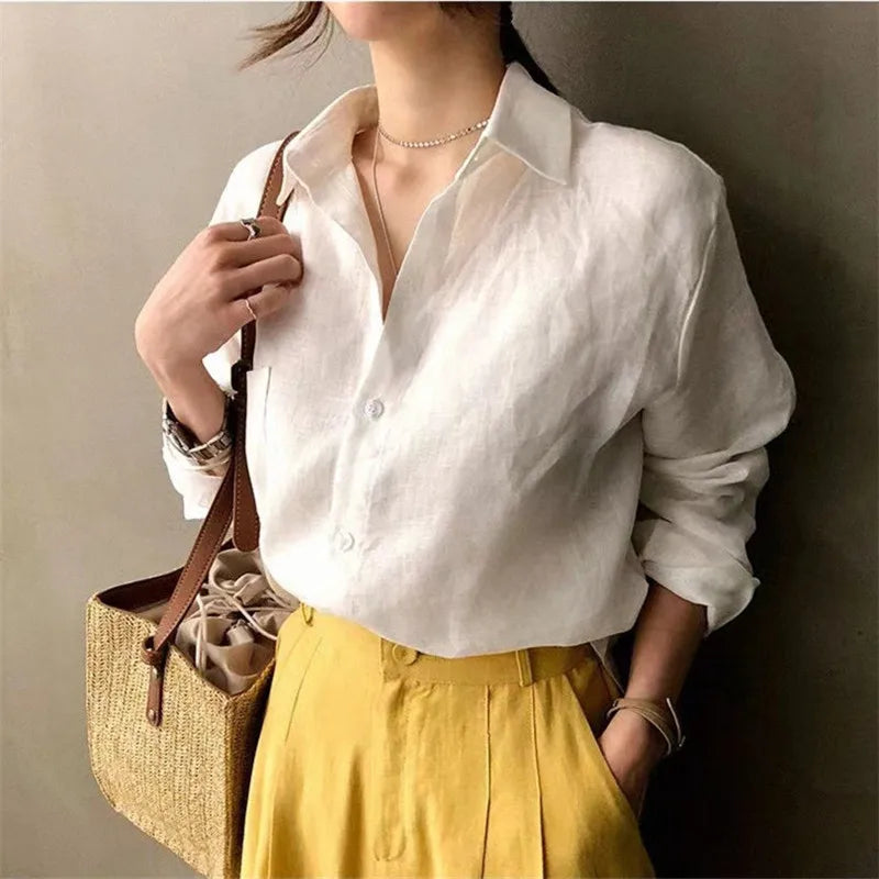 Women's Soft Linen Blend Open Collar Shirt – Relaxed Oversized Fit