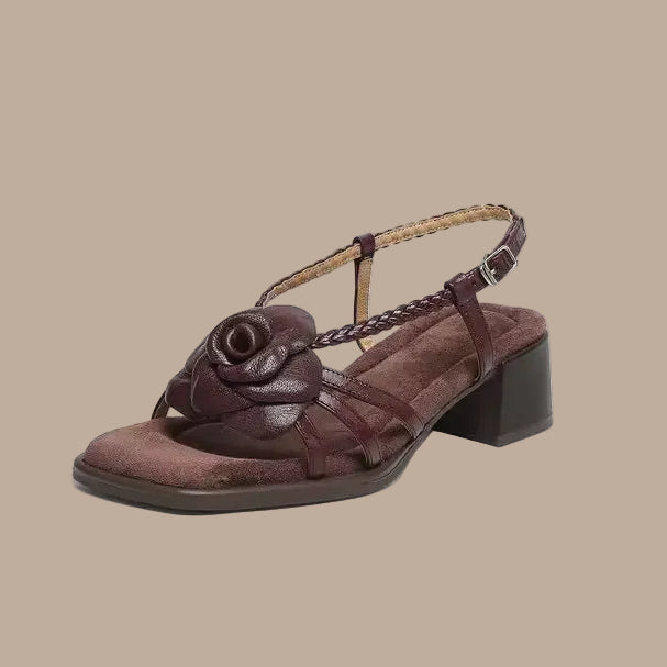 Women's Heeled Sandals – Square Toe Chunky Leather Floral Detail