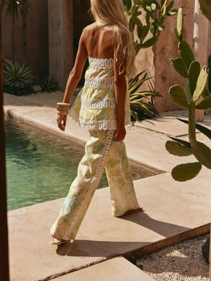 Women's Printed Halter Top Wide-Leg Pants Set – Relaxed Lightweight