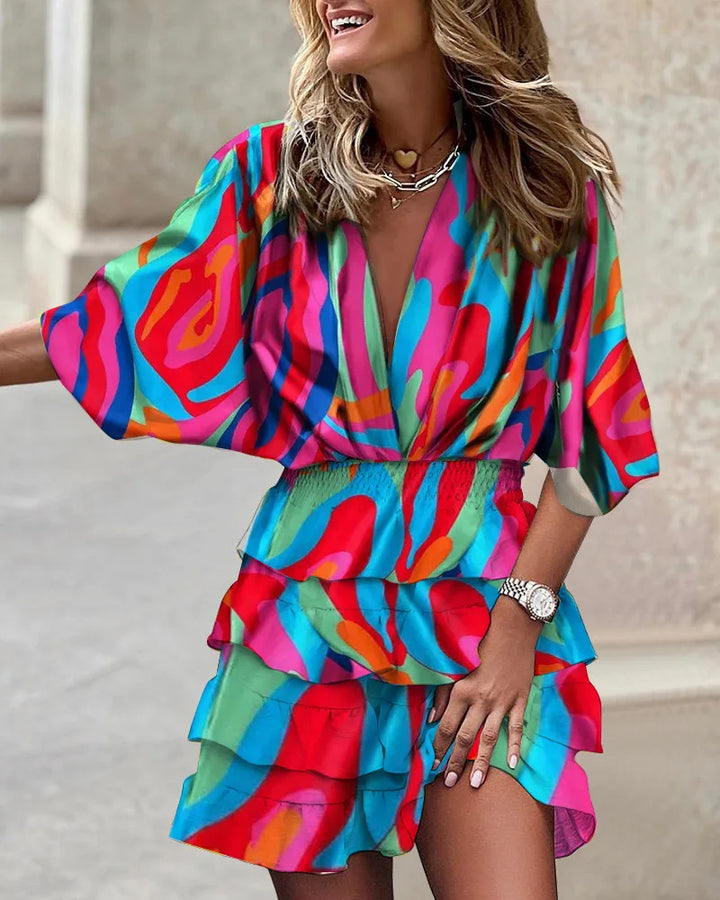 Women's Boho Printed Ruffle Mini Dress V-Neck – Tiered Summer