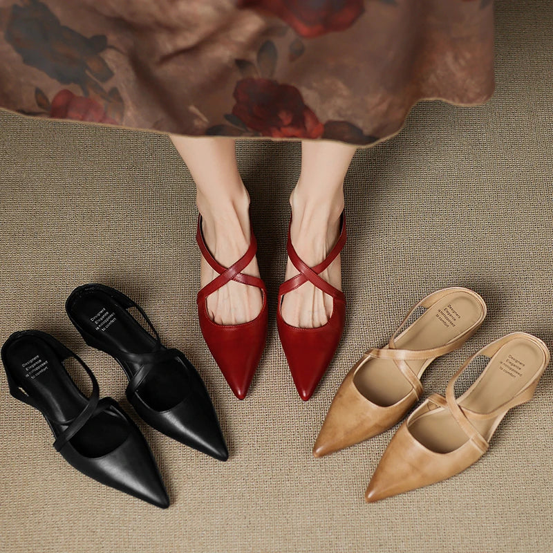 Women's Genuine Leather Cross-Strap Pointed Toe Mules – Low Wedge