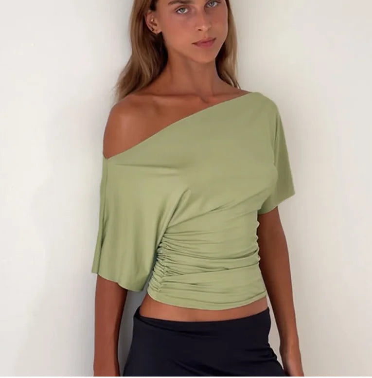 One Shoulder Crop Top – Asymmetric Short Sleeve Women's Fit