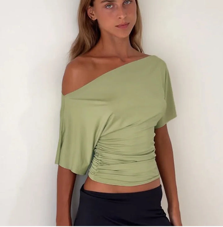 One Shoulder Crop Top – Asymmetric Short Sleeve Women's Fit