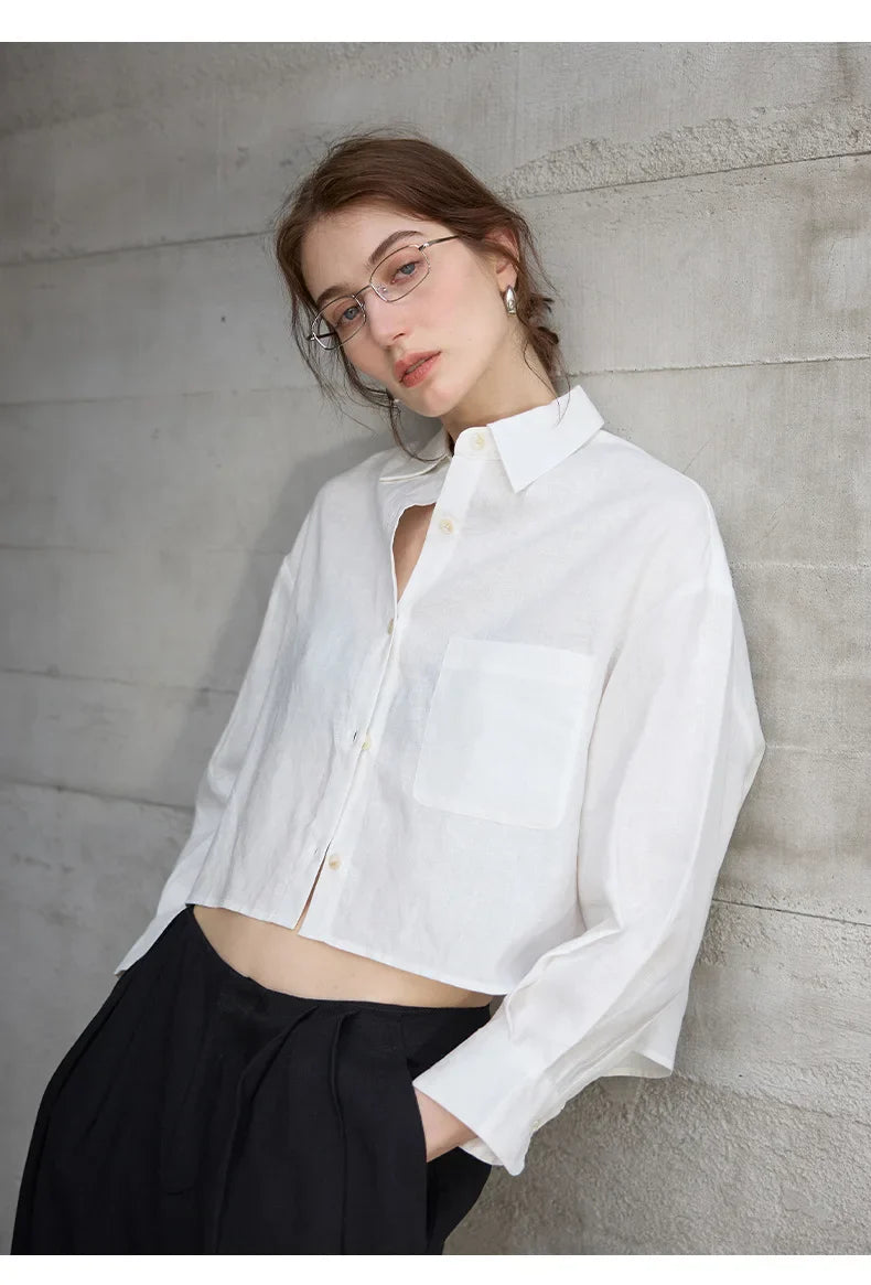 Women's 100% Linen Cropped Oversized Shirt – Long Sleeve