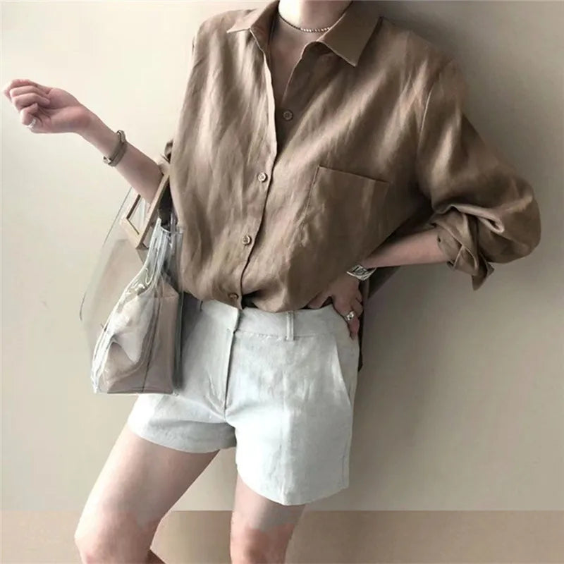 Women's Soft Linen Blend Open Collar Shirt – Relaxed Oversized Fit