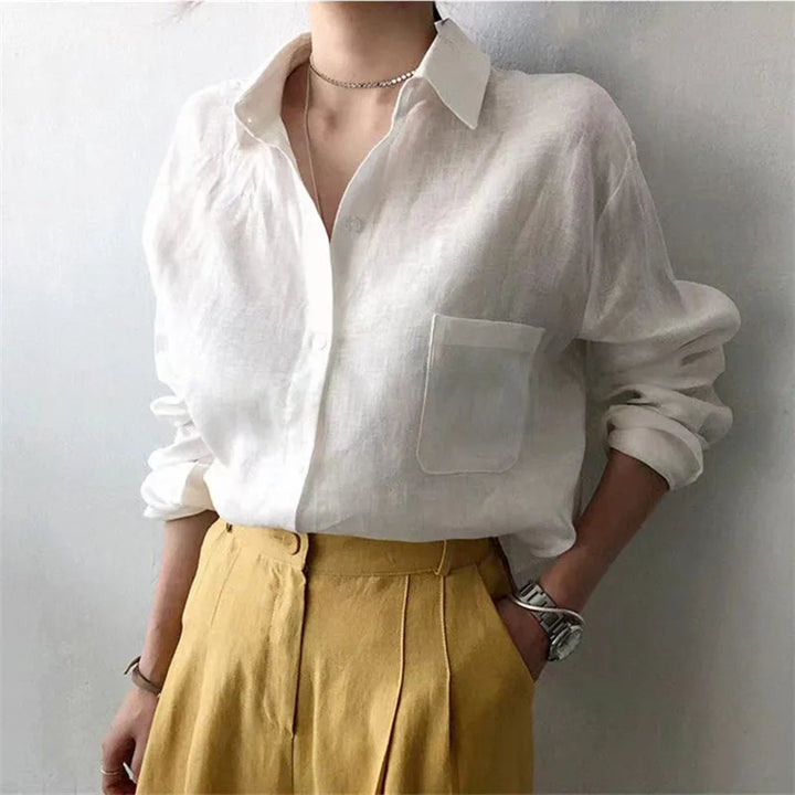 Women's Soft Linen Blend Open Collar Shirt – Relaxed Oversized Fit
