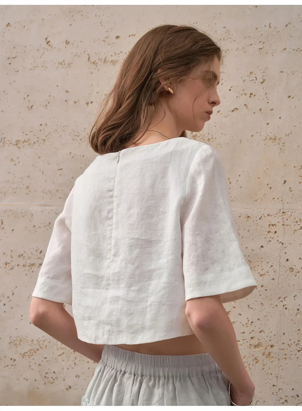 Women's 100% Linen Boxy Crop Top – Round Neck Half Sleeve