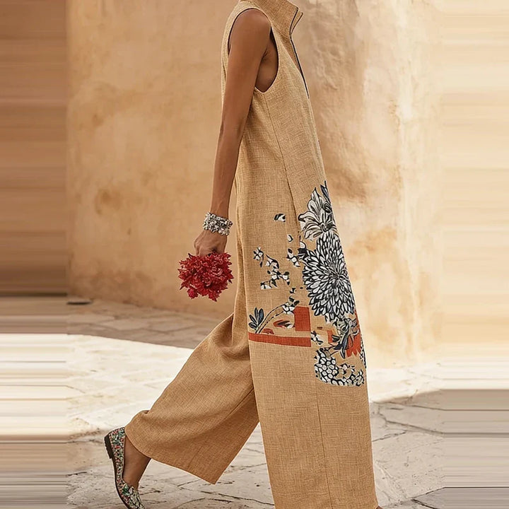 Women's Floral Wide Leg Jumpsuit – Sleeveless High Waist