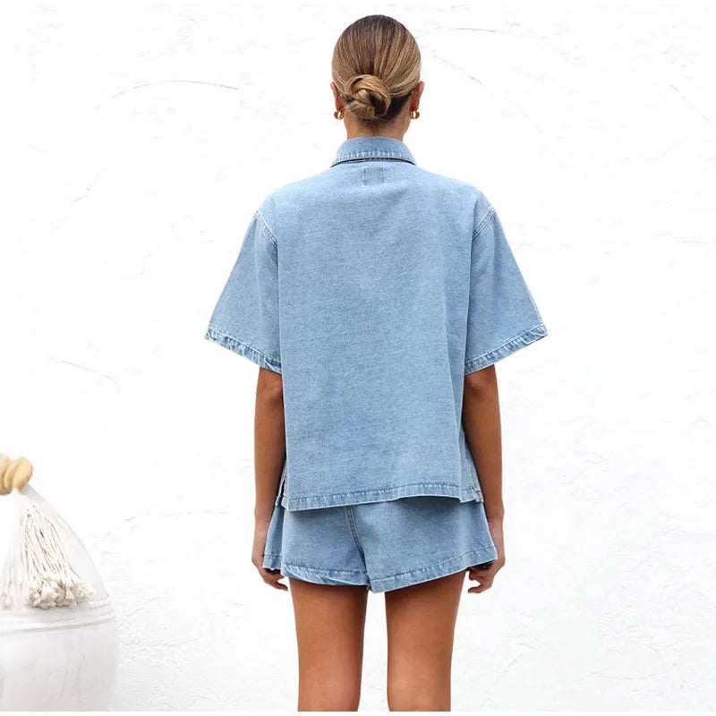 Women's Cotton Denim Two-Piece Set – Button-Down Top Drawstring Shorts