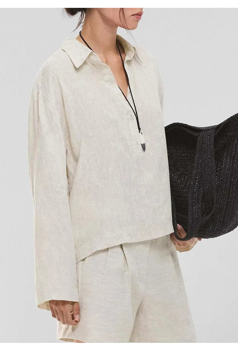 Women's 100% Linen Polo Collar Pullover – Relaxed Oversized Fit