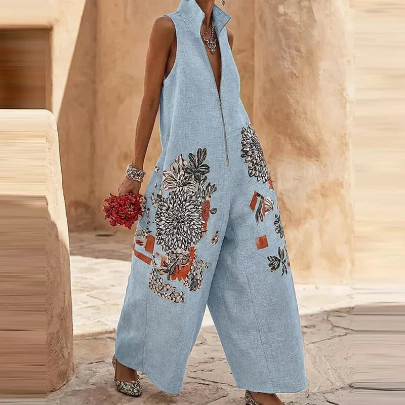 Women's Floral Wide Leg Jumpsuit – Sleeveless High Waist