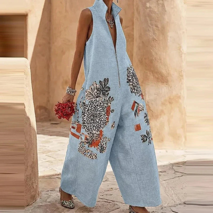 Women's Floral Wide Leg Jumpsuit – Sleeveless High Waist
