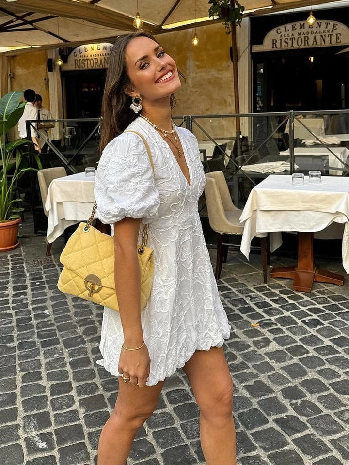 Women's Embroidered Ruffle Mini Dress V-Neck – Short Sleeve Breathable