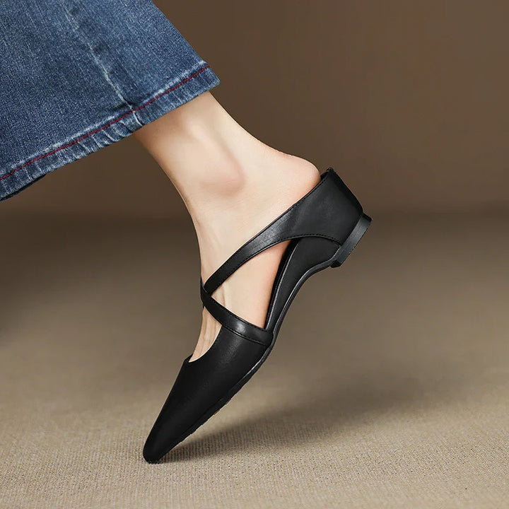 Women's Genuine Leather Cross-Strap Pointed Toe Mules – Low Wedge