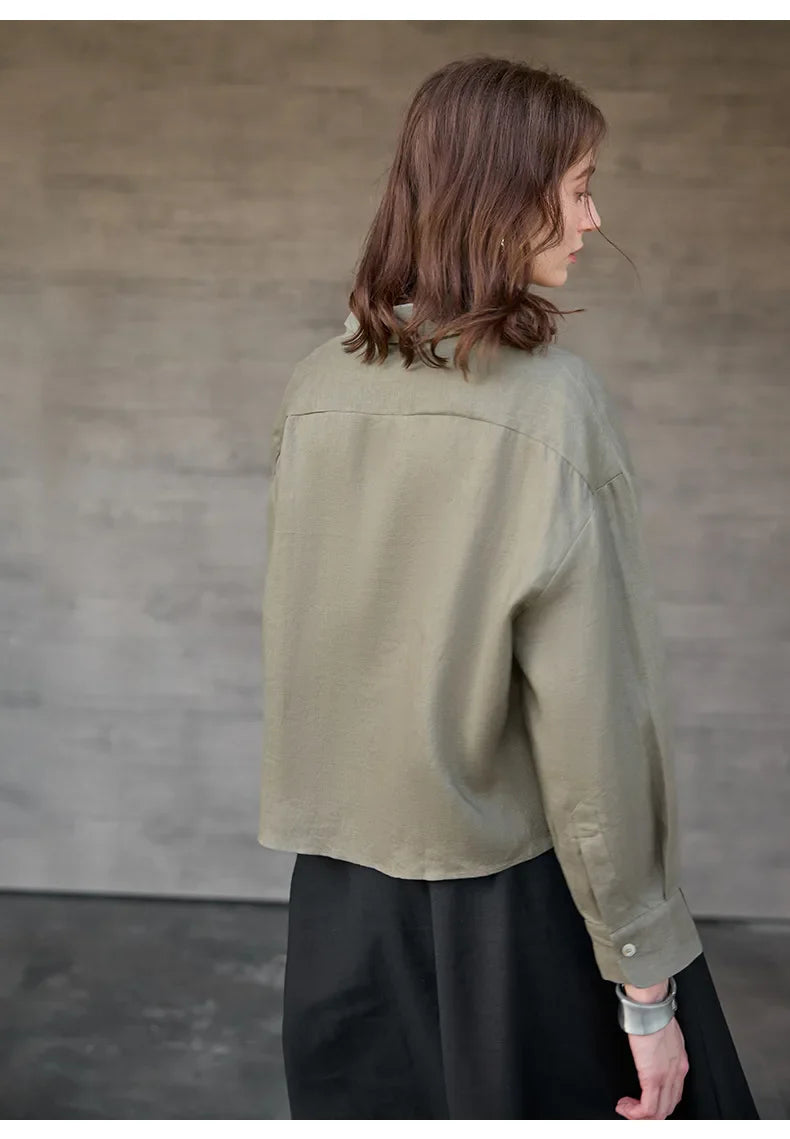 Women's 100% Linen Cropped Oversized Shirt – Long Sleeve