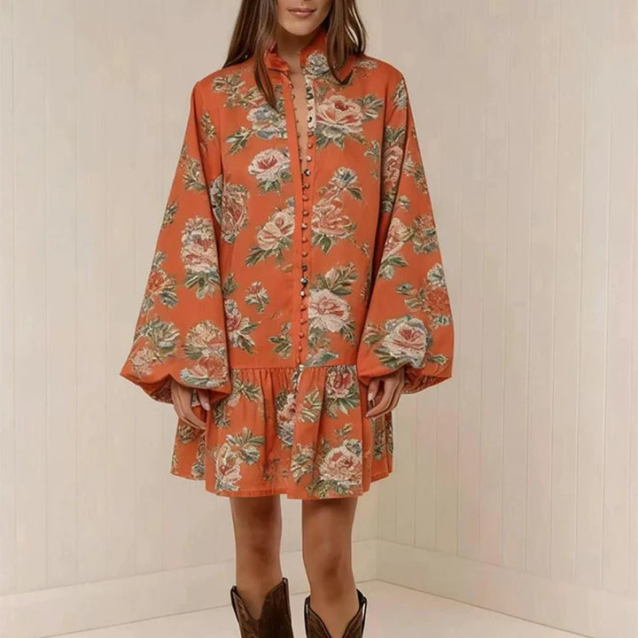 Women's Floral Button-Down Mini Dress – Stand Collar Lantern Sleeve Ruffle