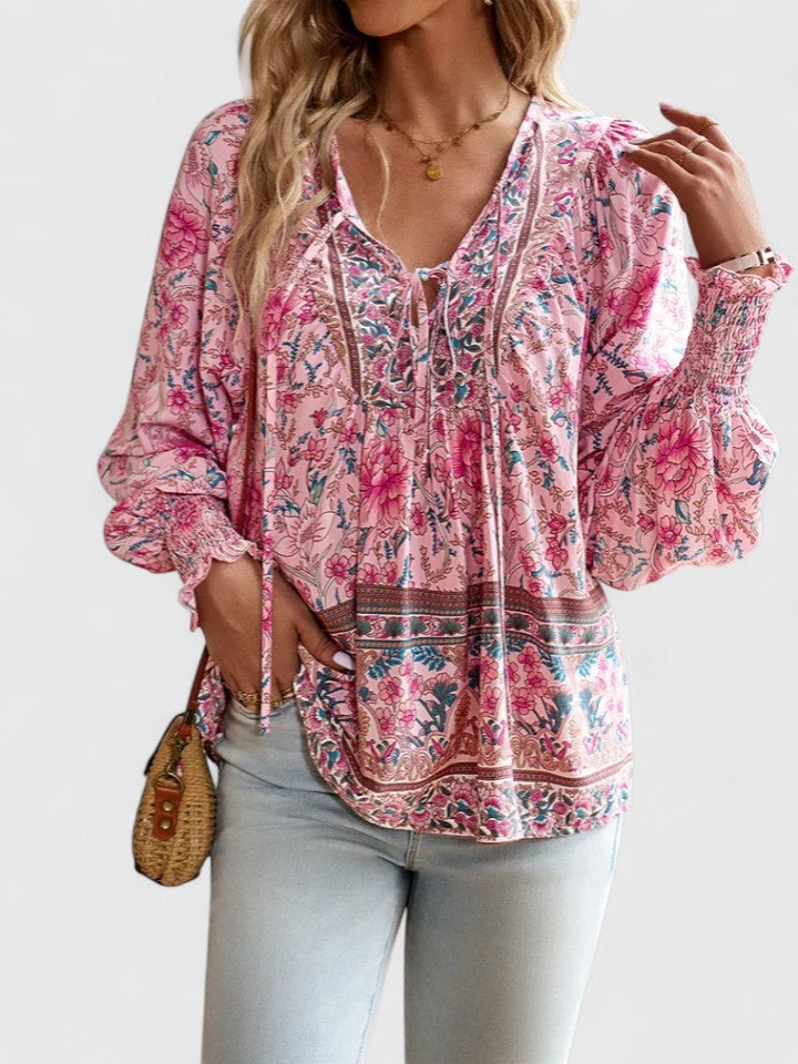 Women's Boho Floral Peasant Top V-Neck – Long Sleeve Gathered Summer