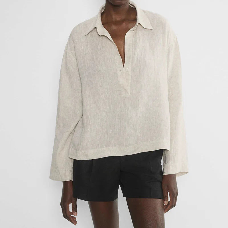 Women's 100% Linen Polo Collar Pullover – Relaxed Oversized Fit