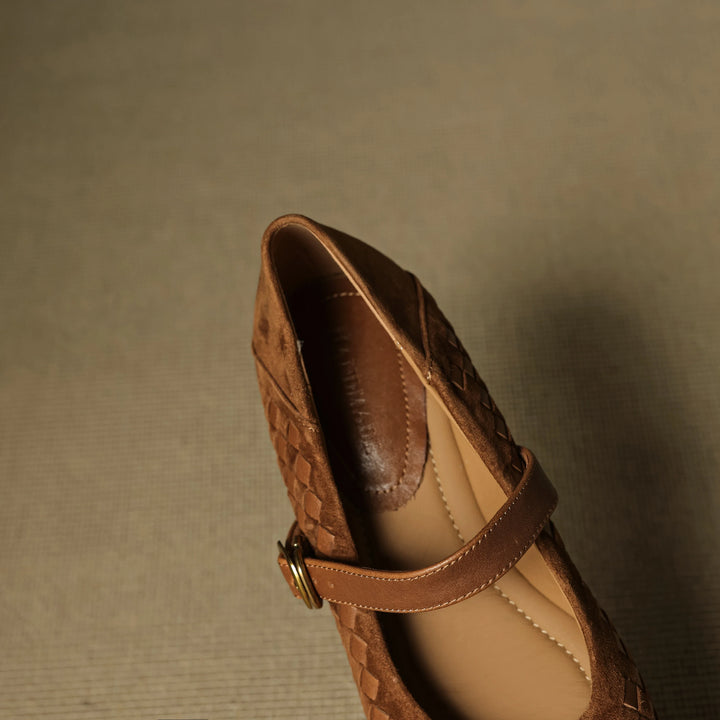 Women's Sheepskin Woven Mary Jane Shoes Diamond Pattern – Block Heel