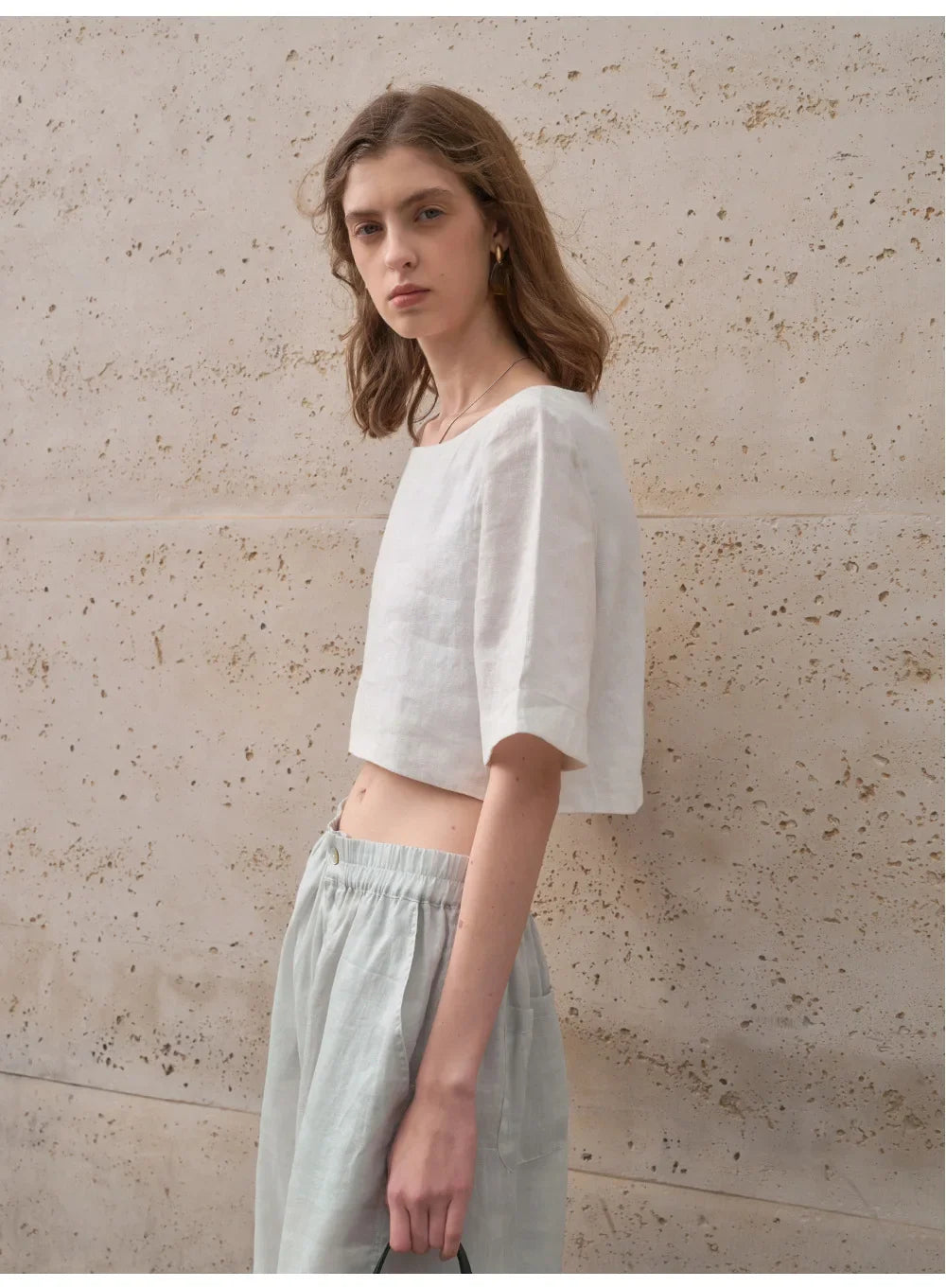 Women's 100% Linen Boxy Crop Top – Round Neck Half Sleeve