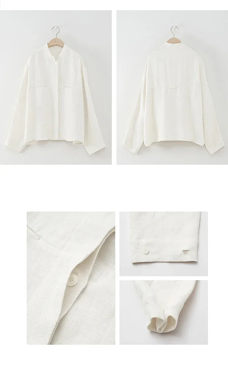 Women's Linen Longline Jacket Stand Collar – Horn Buttons