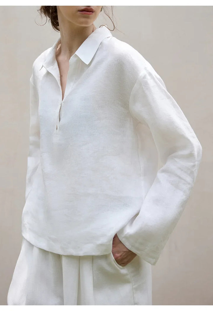 Women's 100% Linen Polo Collar Pullover – Relaxed Oversized Fit
