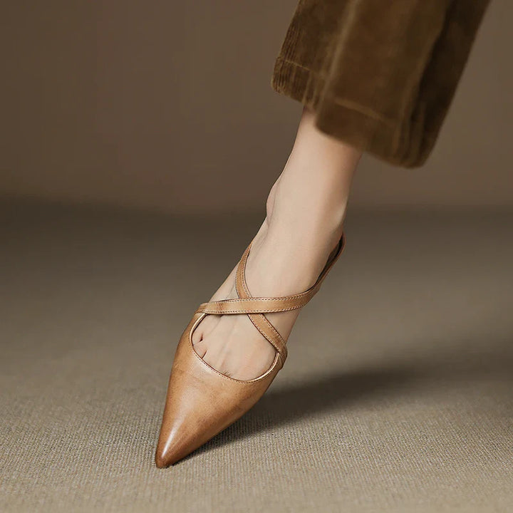 Women's Genuine Leather Cross-Strap Pointed Toe Mules – Low Wedge
