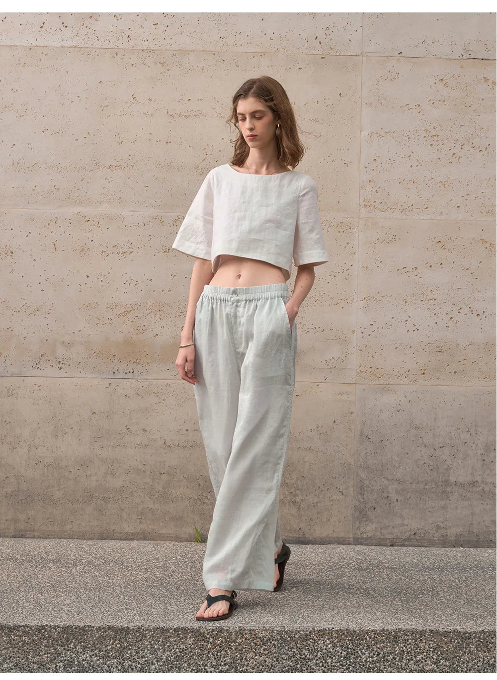 Women's 100% Linen Boxy Crop Top – Round Neck Half Sleeve