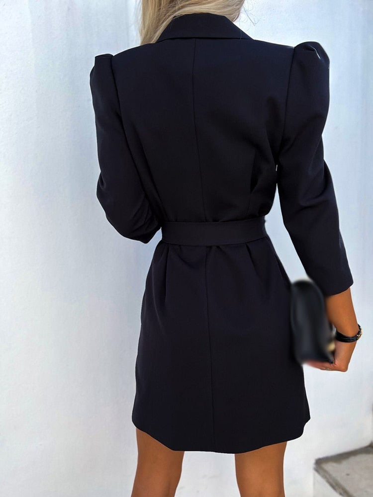 Women's Double-Breasted Blazer Mini Dress – Belted Structured Tailored
