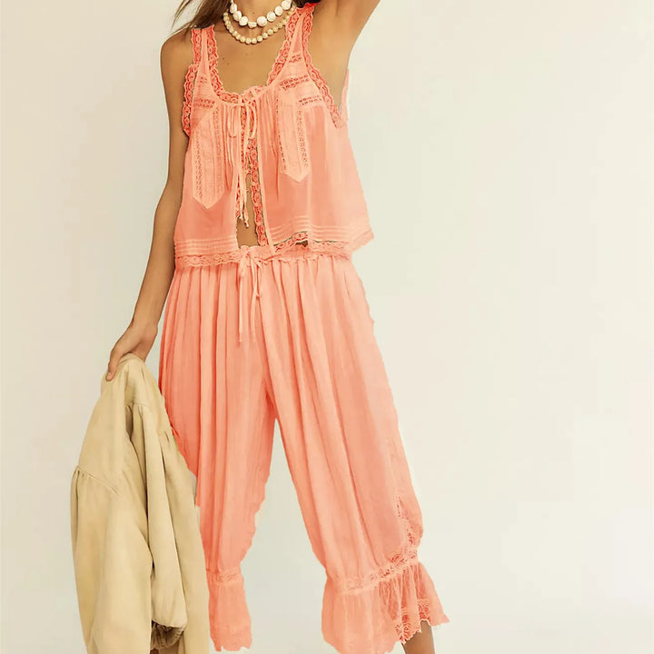 Women's Cotton Lace-Trim Two-Piece Set – Tank Top Wide-Leg Pants