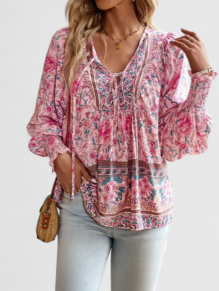 Women's Boho Floral Peasant Top V-Neck – Long Sleeve Gathered Summer