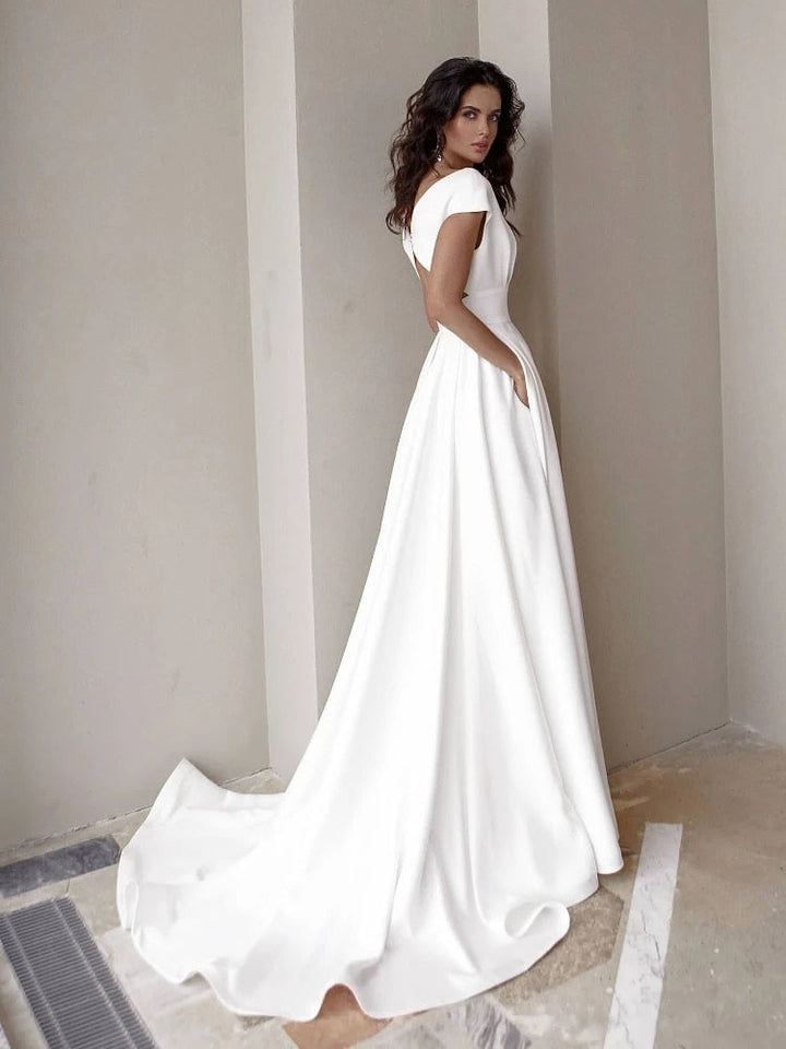 Women's V-Neck Floor Length Evening Dress – Structured Bodice High Slit Elegant