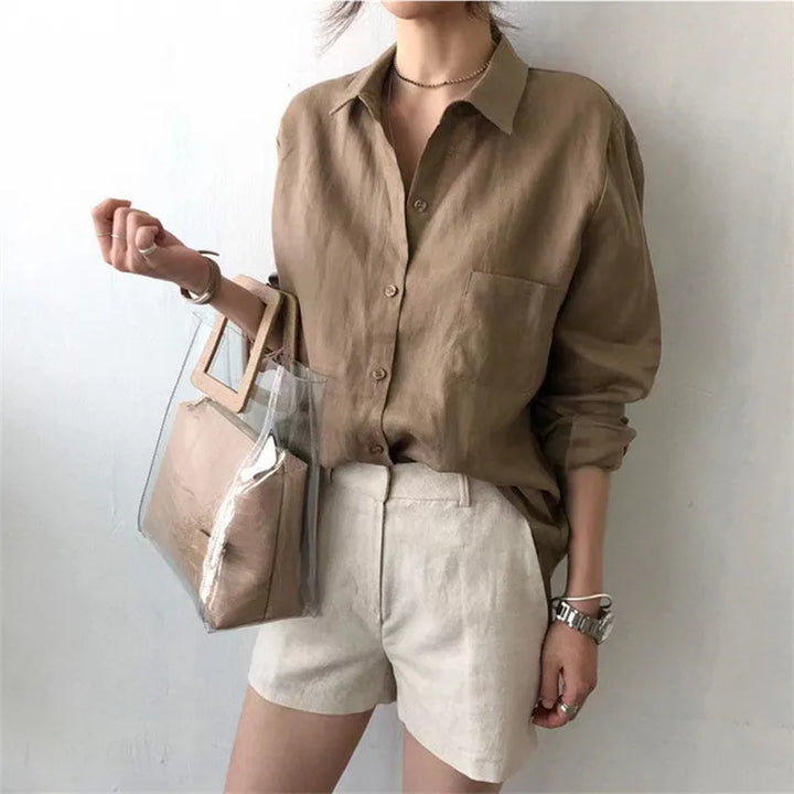 Women's Soft Linen Blend Open Collar Shirt – Relaxed Oversized Fit
